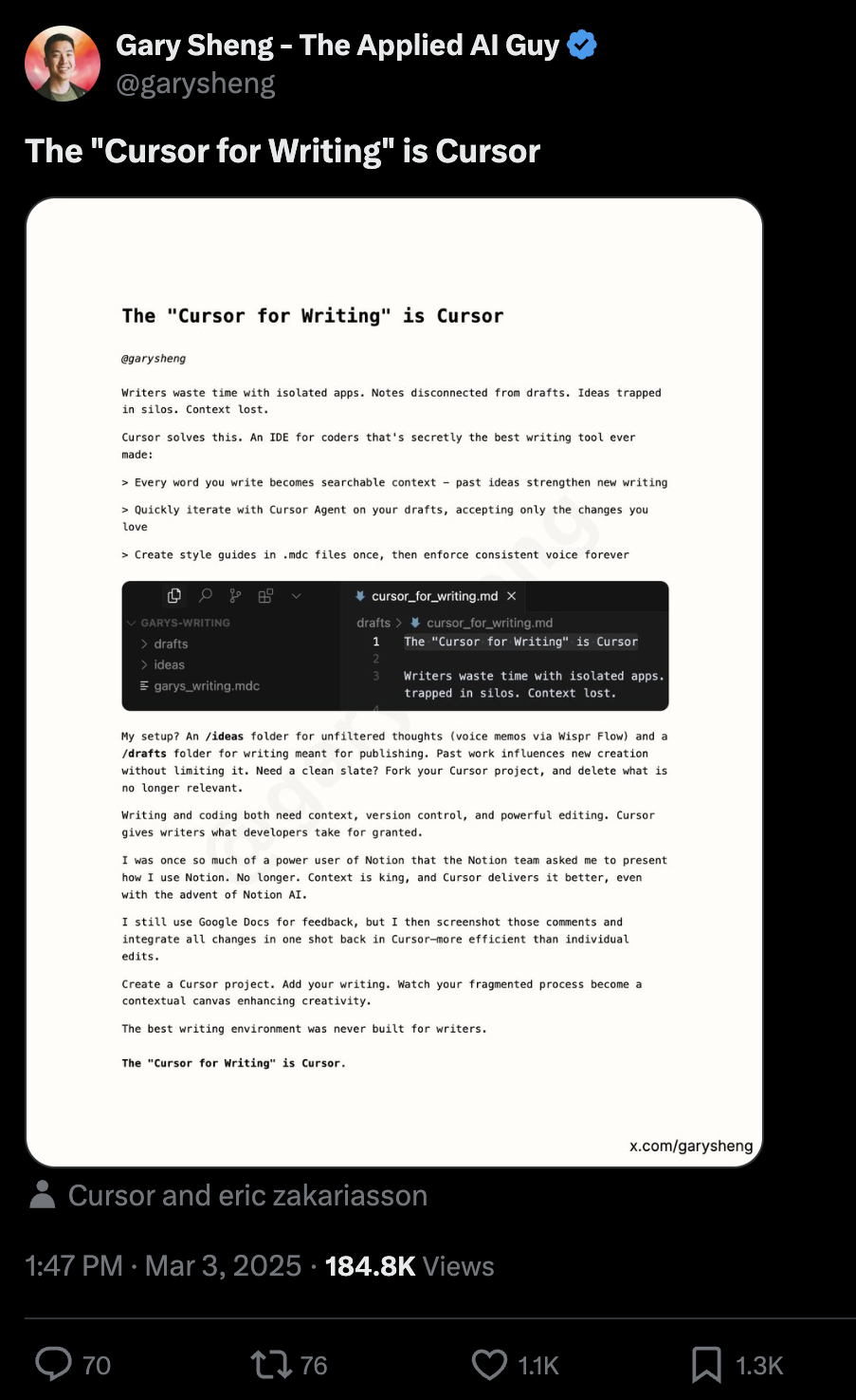 Gary Sheng's viral March 2025 tweet: The Cursor for Writing is Cursor