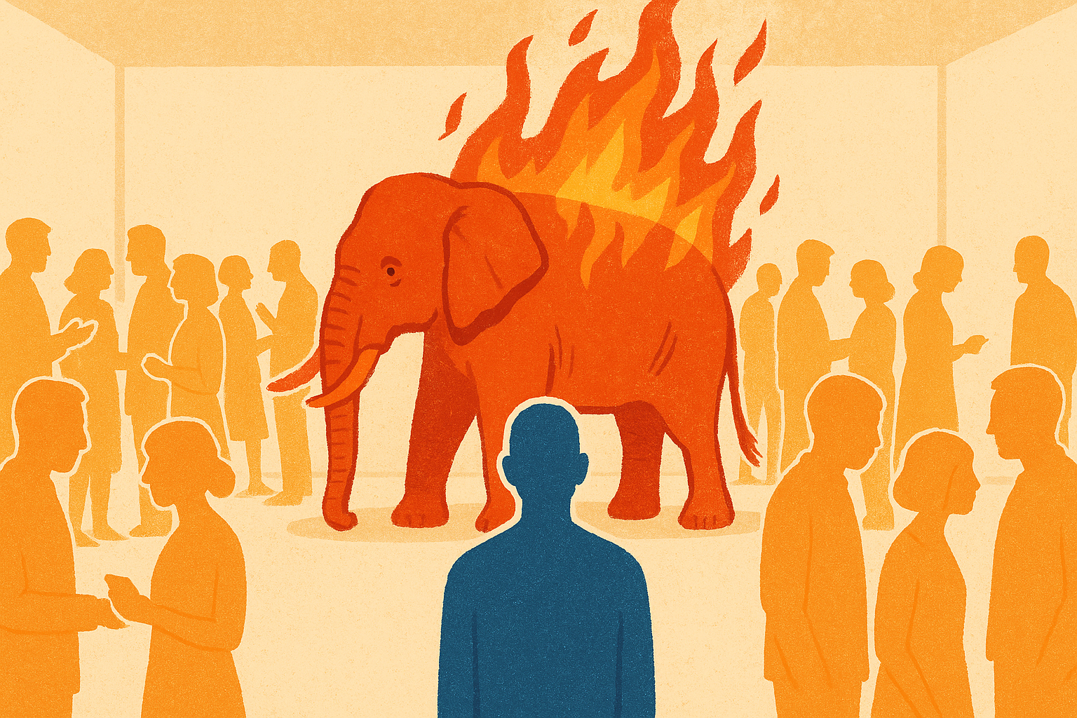 A flaming red elephant in the middle of a room, ignored by a crowd of light-orange silhouettes, while one solid blue silhouette in the foreground faces it directly.