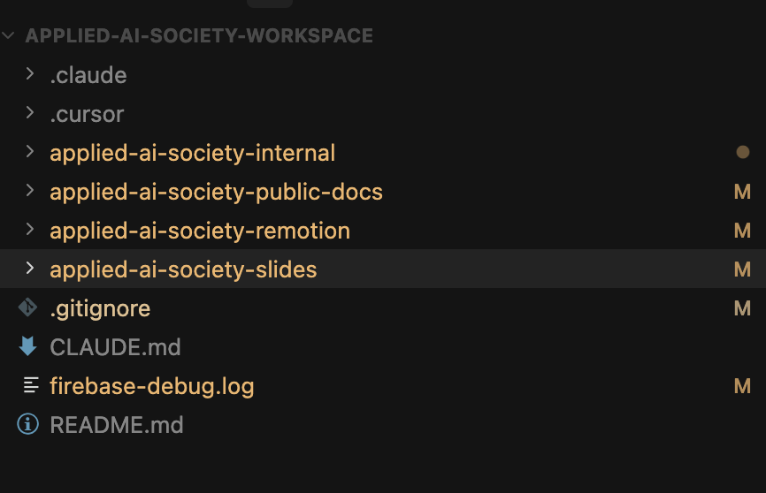 The Applied AI Society workspace in the editor, all repos side by side